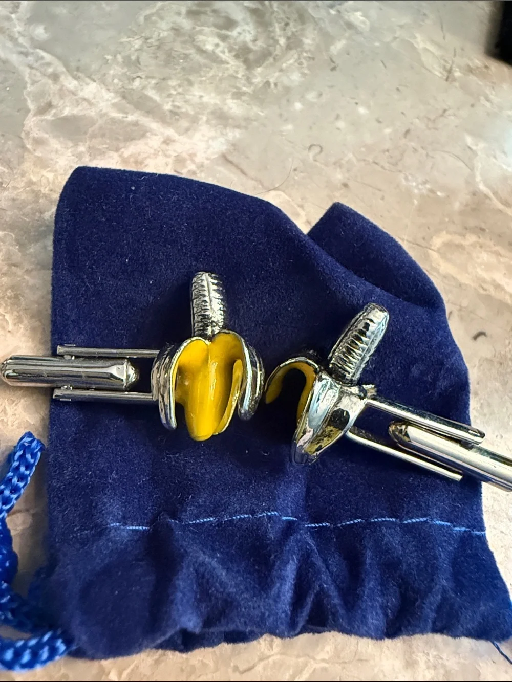Unusual NWOT peeling banana, cufflinks silver tone with yellow enamel